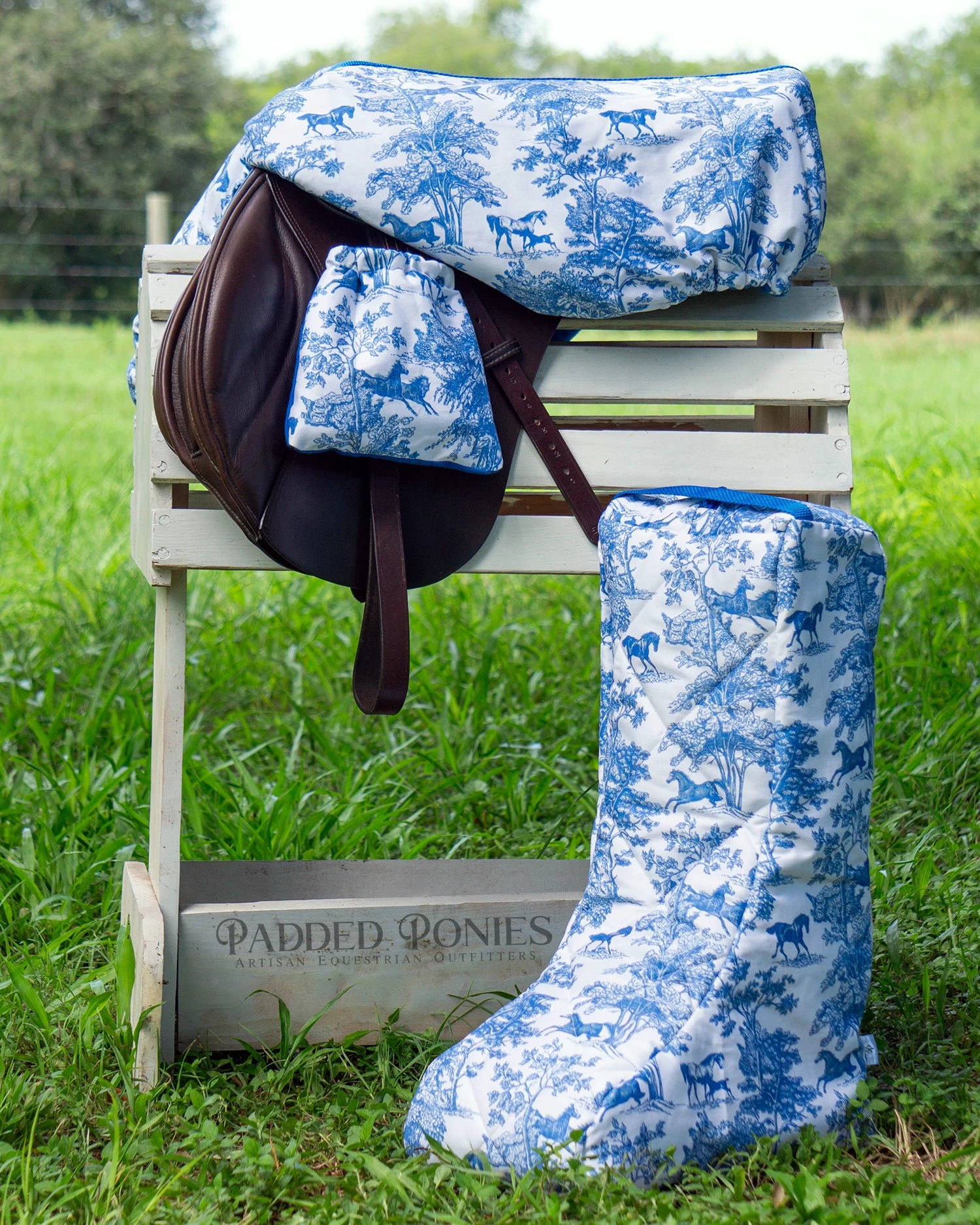 Royal Blue Toile Print Stirrup Covers Cozies with Matching All Purpose Saddle Cover and Tall Boot Bag