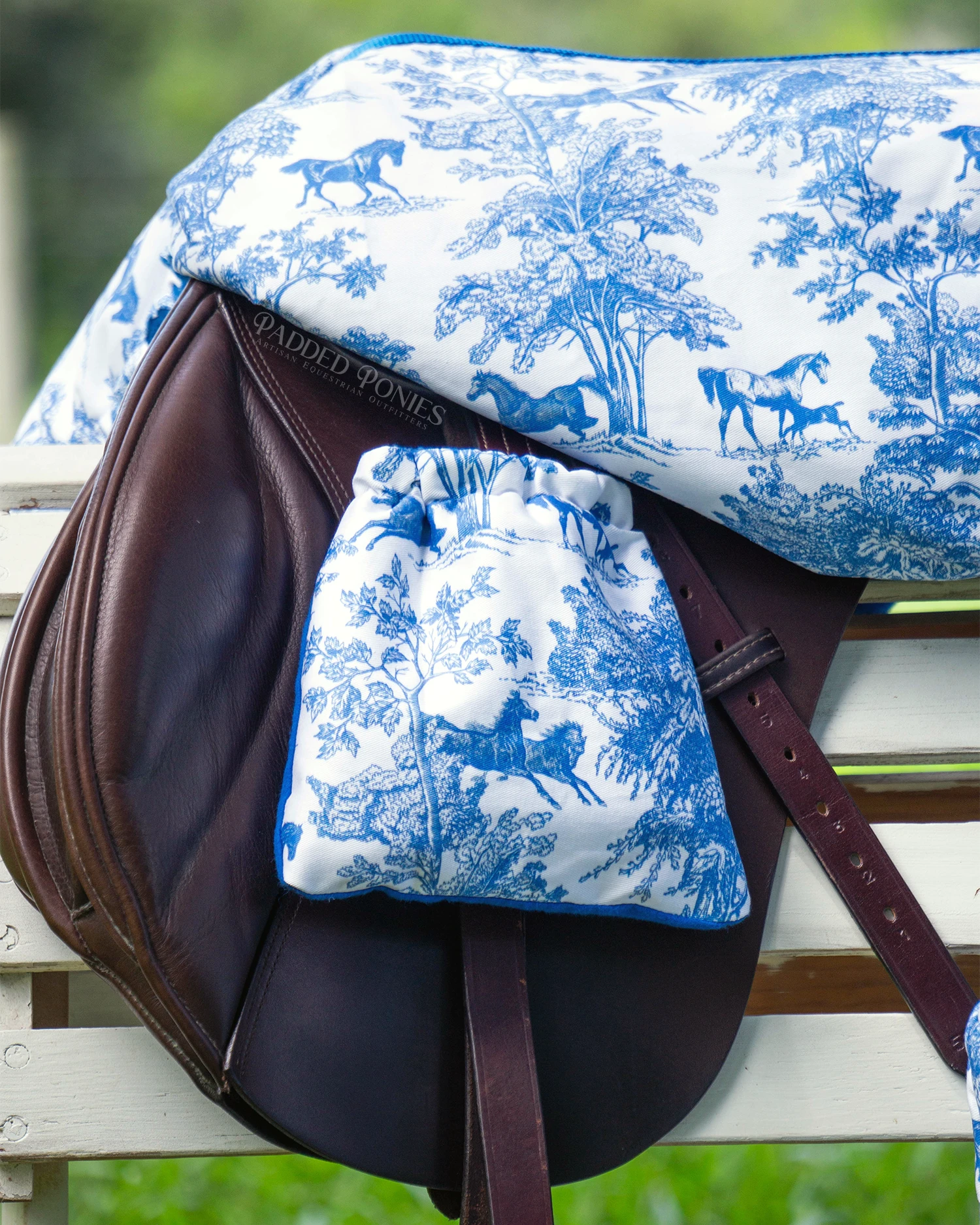 Royal Blue Toile Print Stirrup Covers Cozies with Matching All Purpose Saddle Cover