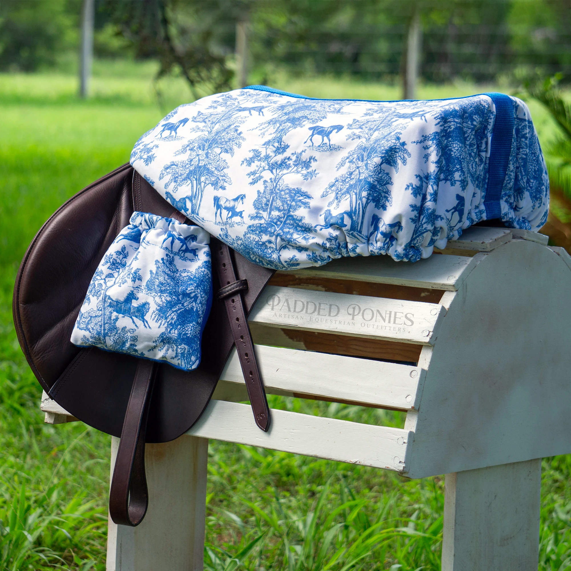 Royal Blue Toile Print Stirrup Covers Cozies with Matching All Purpose Saddle Cover