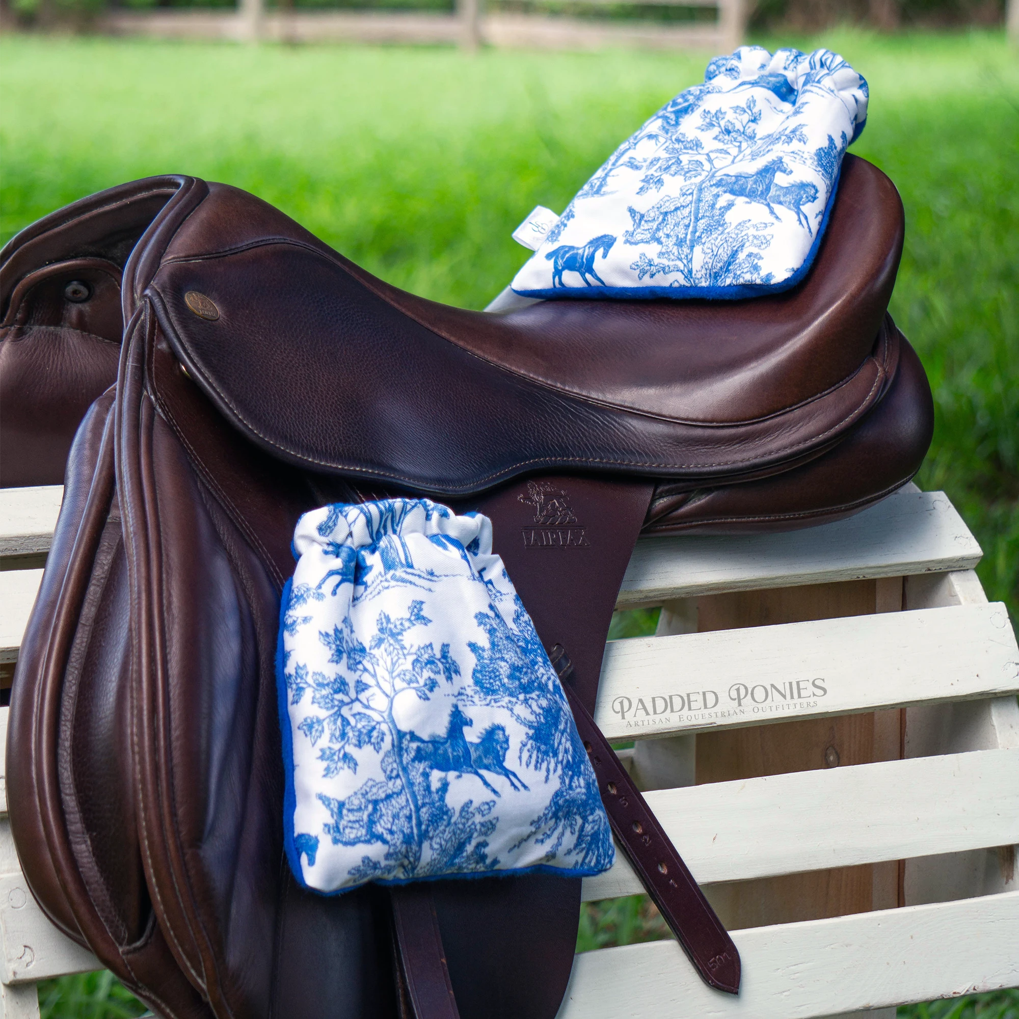 Royal Blue Toile Print Stirrup Covers Cozies