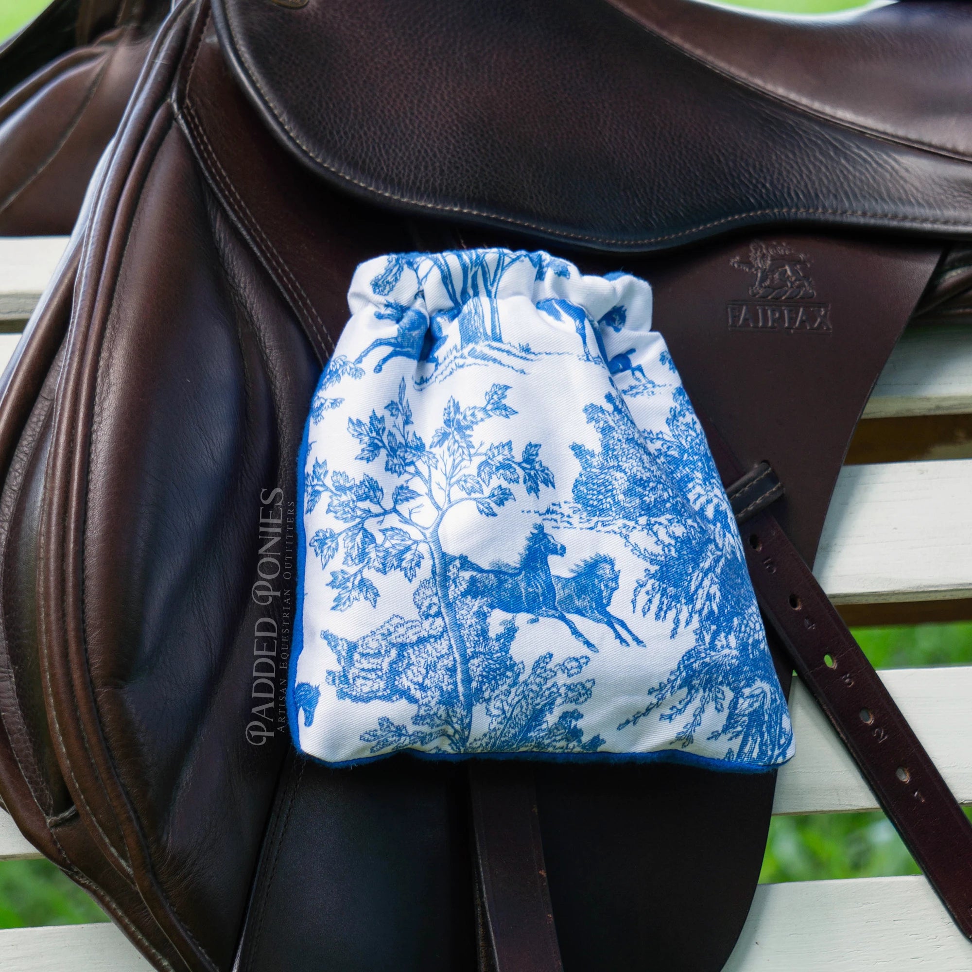 Royal Blue Toile Print Stirrup Covers Cozies