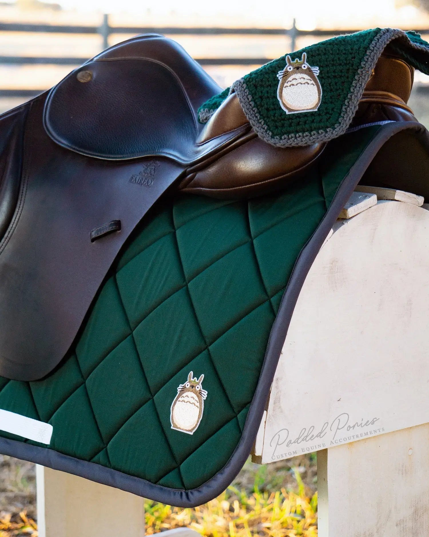 Hunter Green and Gray My Neighbor Totoro Ghibli Anime Patch Fly Veil Bonnet with Matching Saddle Pad