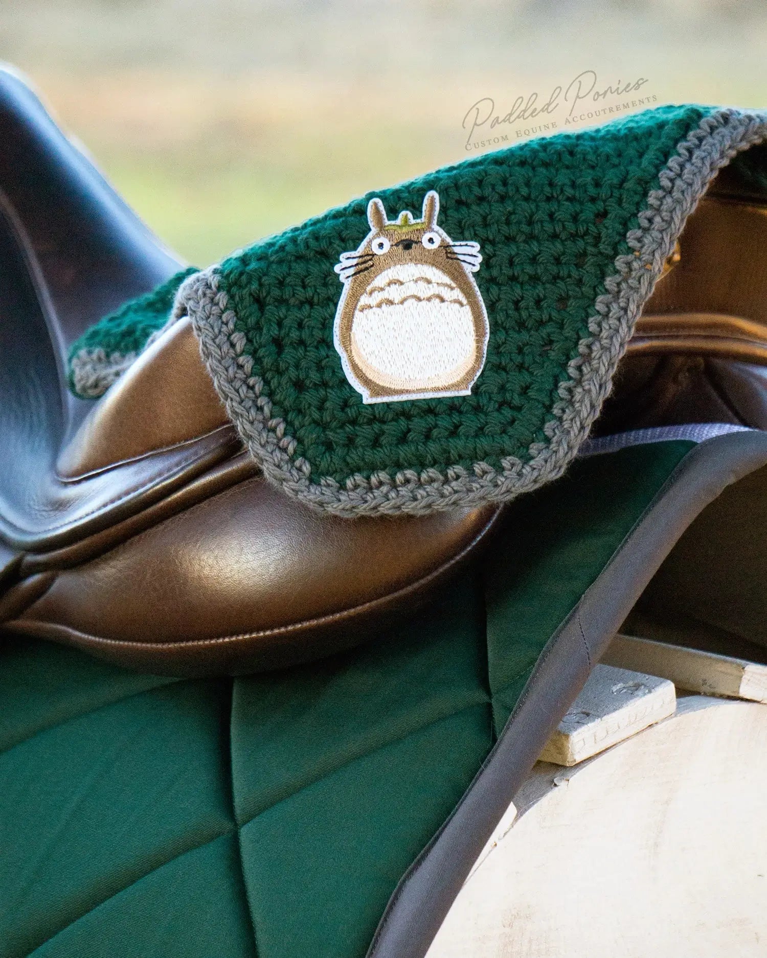 Hunter Green and Gray My Neighbor Totoro Ghibli Anime Patch Fly Veil Bonnet with Matching Saddle Pad