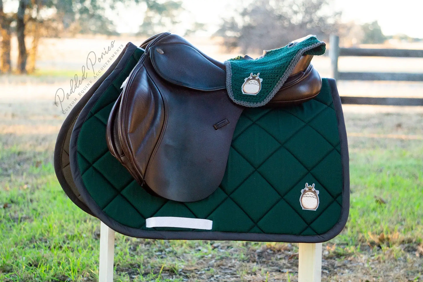 Hunter Green and Gray My Neighbor Totoro Ghibli Anime Patch Fly Veil Bonnet with Matching Saddle Pad