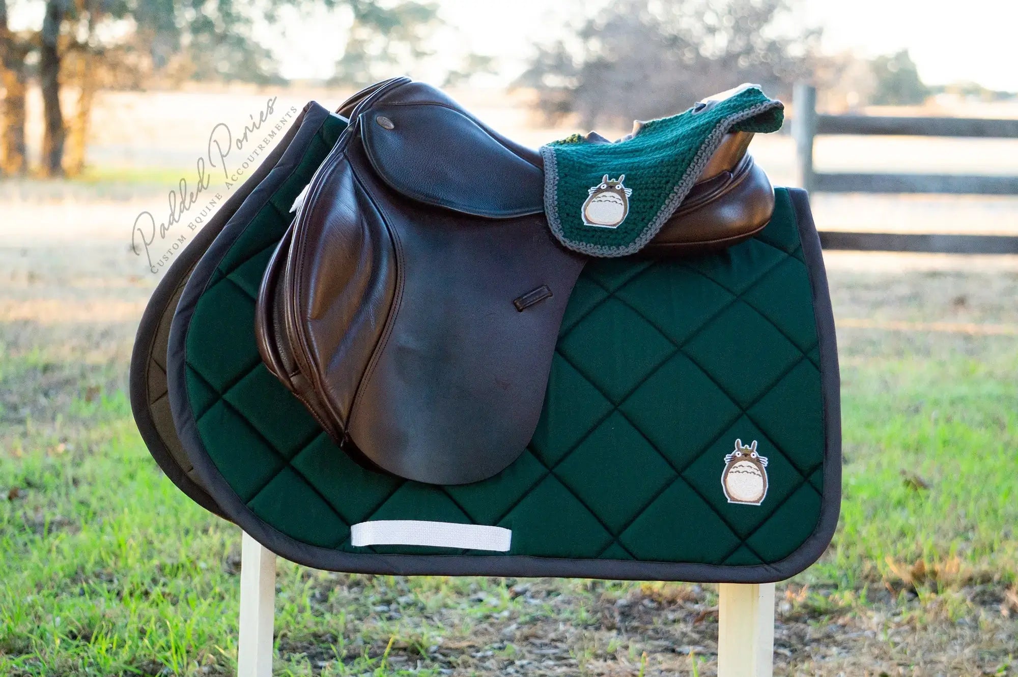 Hunter Green and Gray My Neighbor Totoro Ghibli Anime Patch Fly Veil Bonnet with Matching Saddle Pad