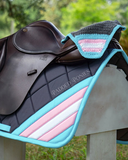 Transgender Pride Corner Flag All Purpose Saddle Pad with Matching Fly Veil Bonnet