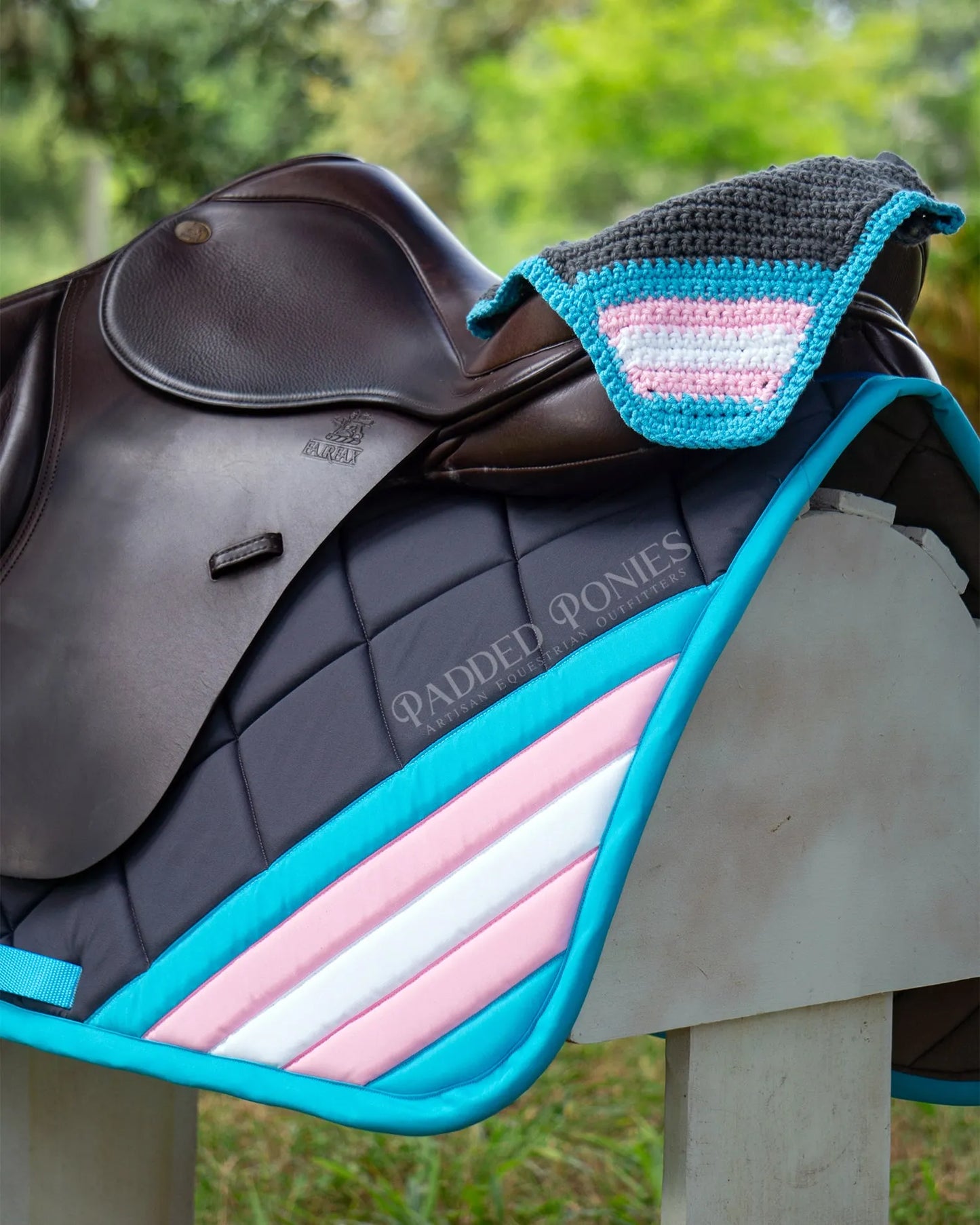 LGBTQ+ Transgender Flag Corner Saddle Pad with Matching Fly Veil Bonnet