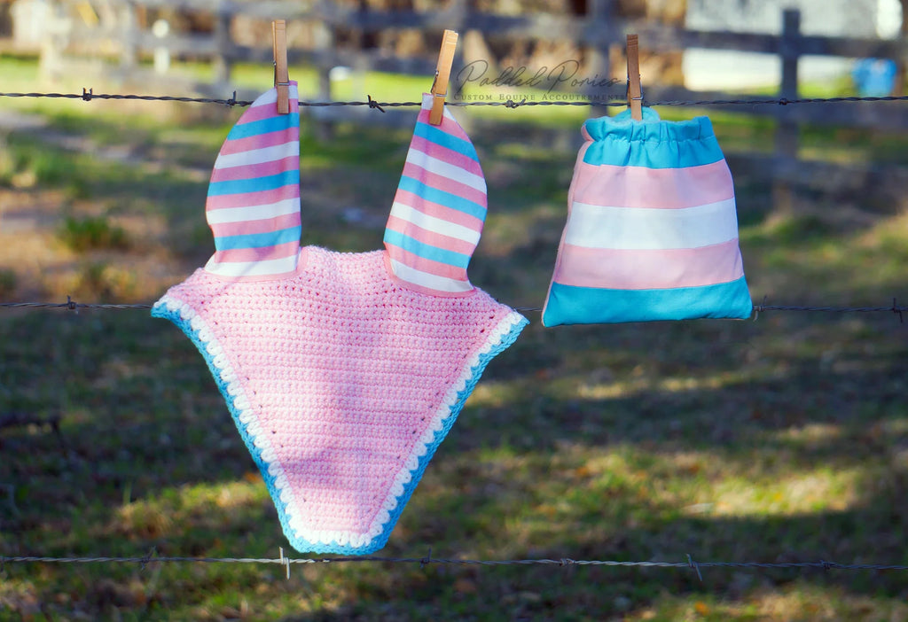 LGBTQ+ Transgender Flag Stirrup Covers with Matching Fly Veil Bonnet