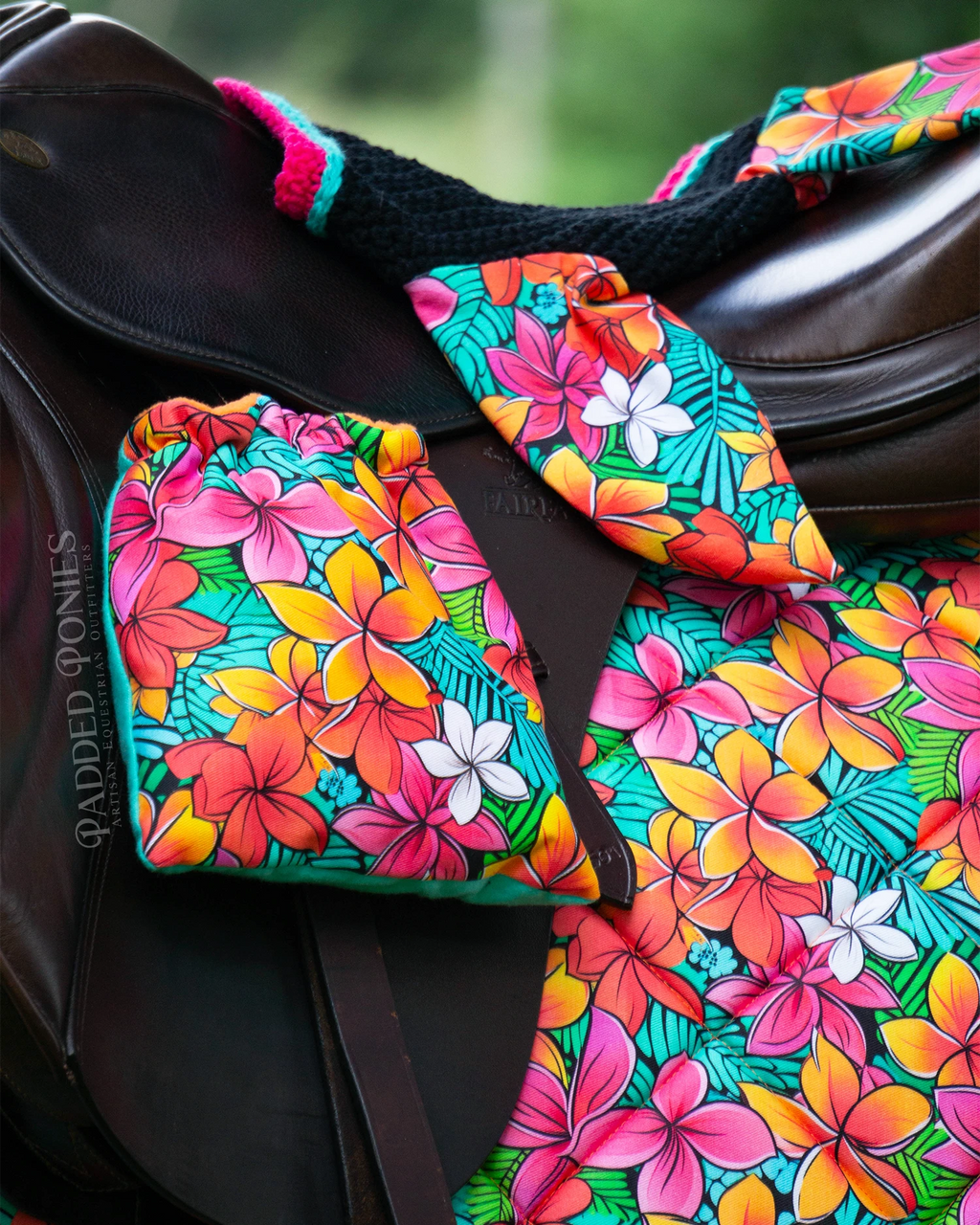 Tropical Paradise Floral Horse Fly Veil Bonnet with Matching Saddle Pad and Stirrup Covers