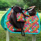 Tropical Paradise Colorful Floral All Purpose Saddle Pad with Matching Bonnet and Stirrup Cover Set