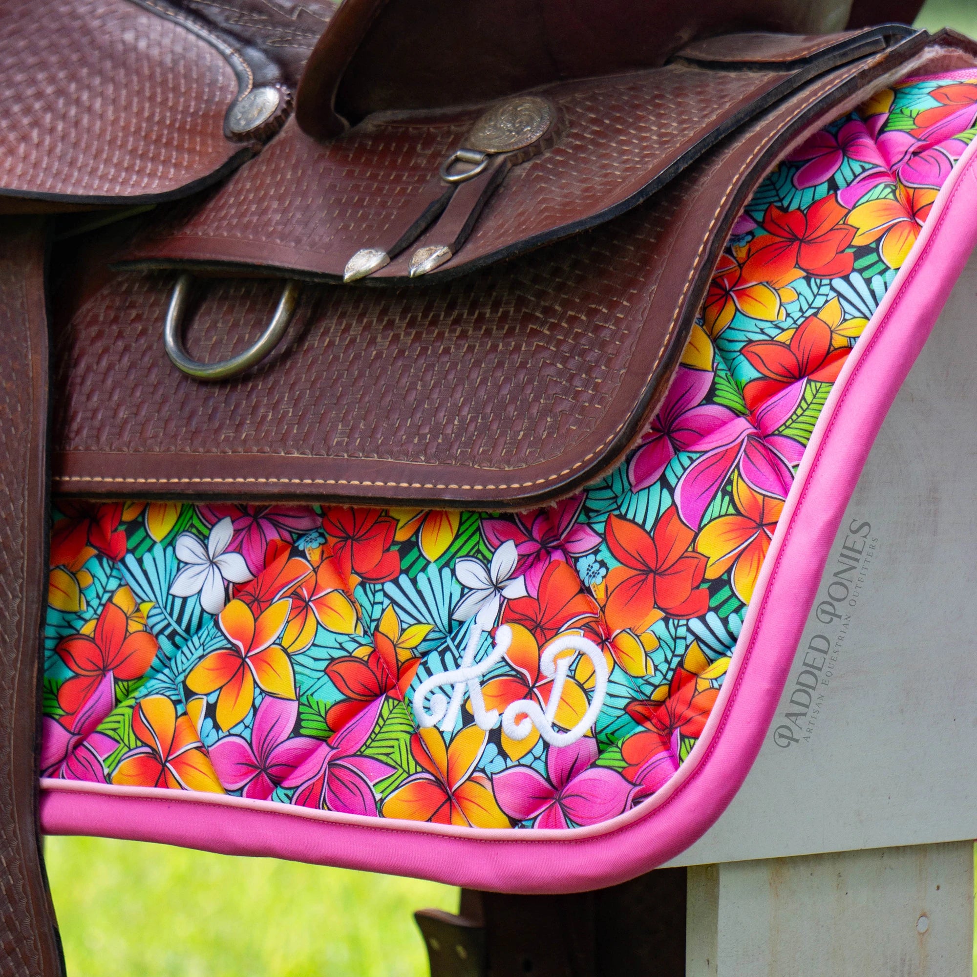 Tropical Rainbow Floral Western Saddle Pad with Embroidery