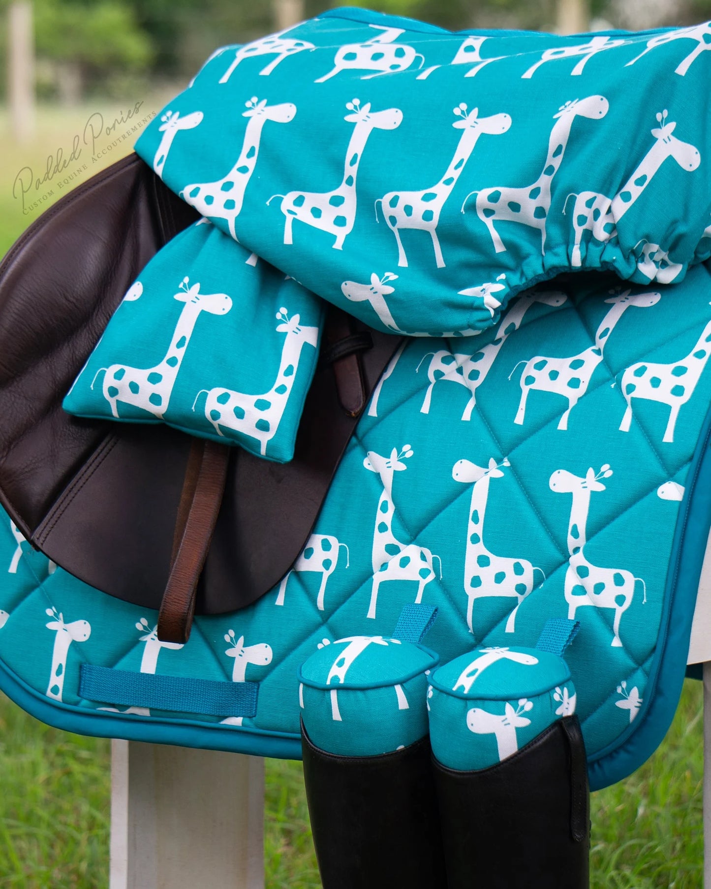 Turquoise Teal Giraffes Animal Print All Purpose Saddle Pad with Matching Boot Trees, Saddle Cover, and Stirrup Covers
