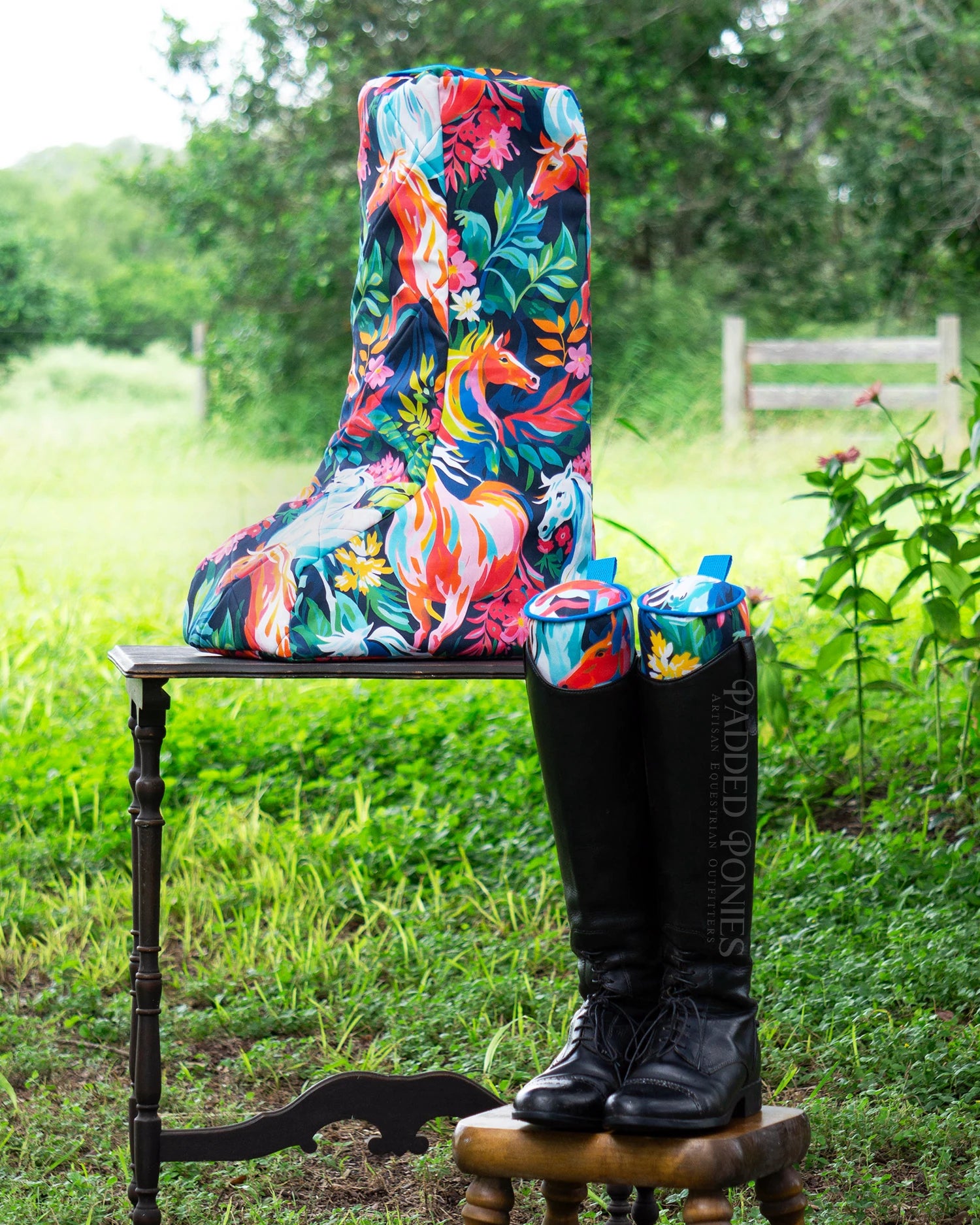 Painted Rainbow Wild Horses Print Padded Tall Boot Bag and Matching Boot Trees