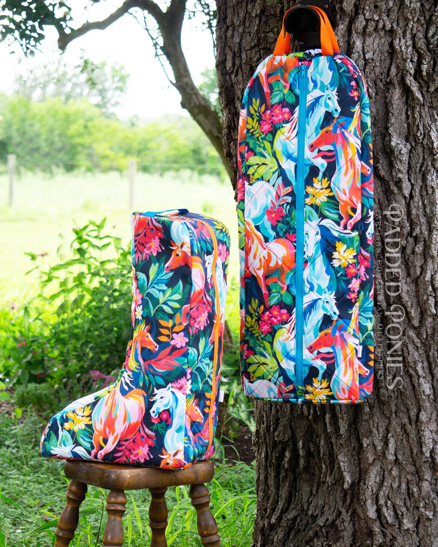 Painted Rainbow Wild Horses Print Padded Bridle Bag and Boot Bag Set