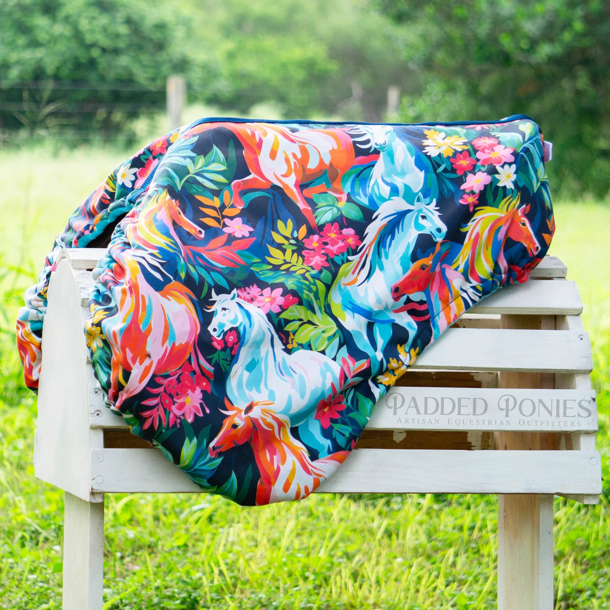 Painted Rainbow Wild Horses Print Fleece-Lined All Purpose Saddle Cover