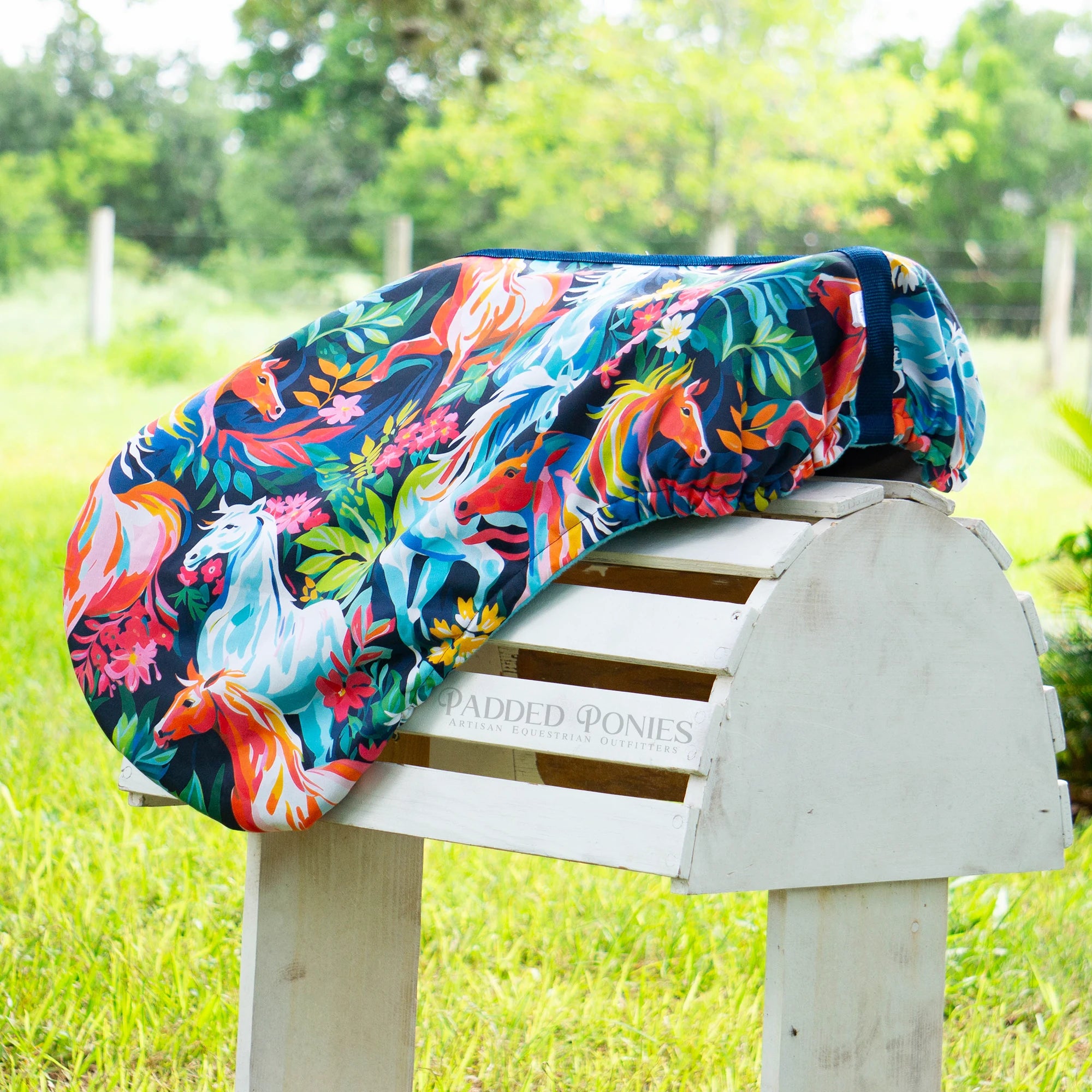 Painted Rainbow Wild Horses Print Fleece-Lined All Purpose Saddle Cover