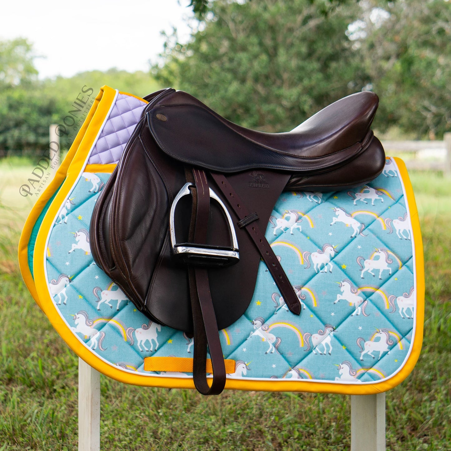 Aqua and Yellow Unicorns Print All Purpose Saddle Pad with High Wither Option