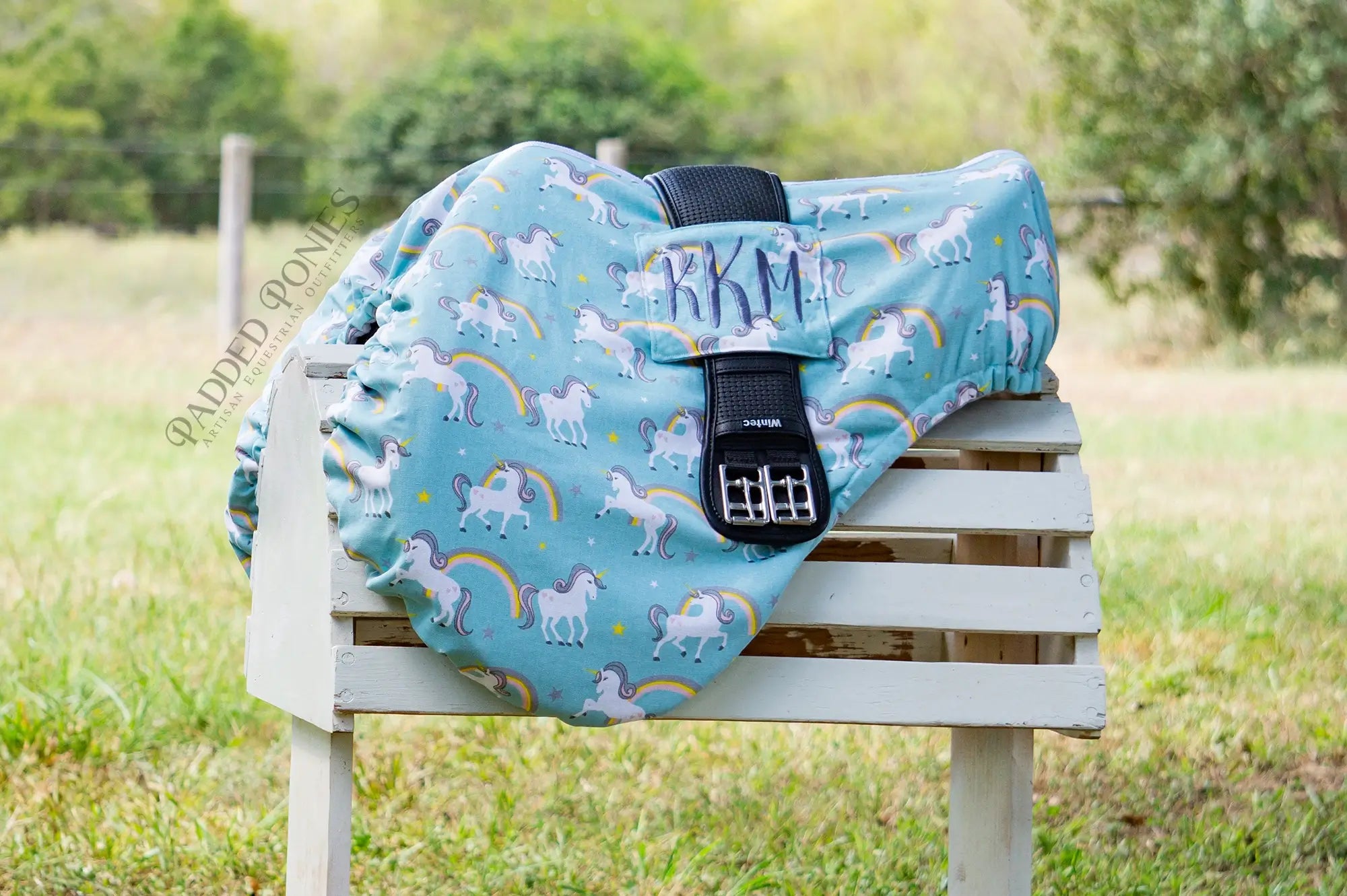 Aqua Green Blue Rainbows and Unicorns Monogrammed Saddle Cover with Girth Pocket