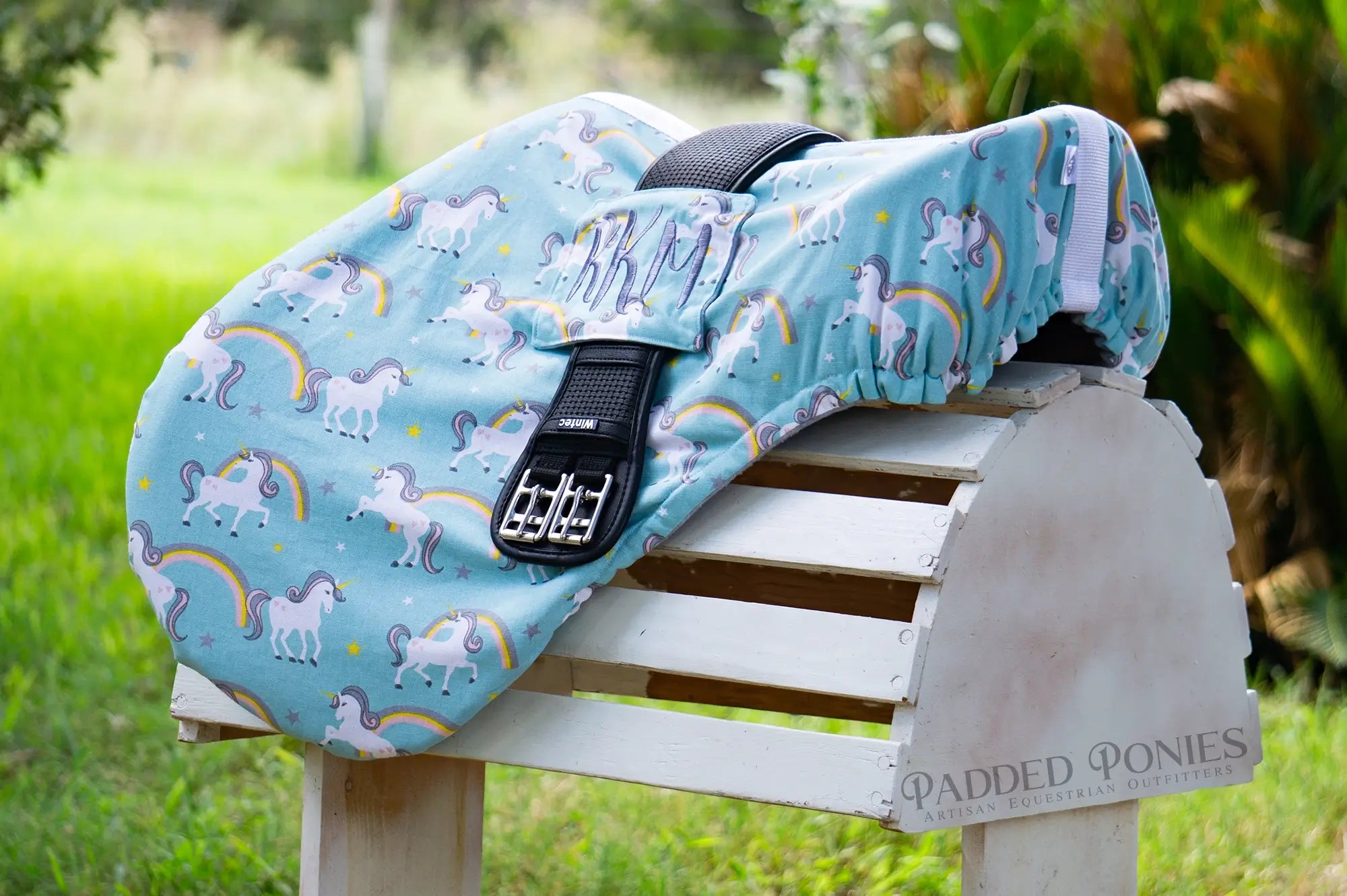 Aqua Green Blue Rainbows and Unicorns Monogrammed Saddle Cover with Girth Pocket