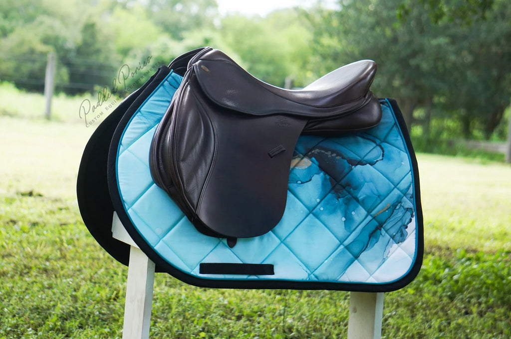Turquoise Teal Blue Water Color Ink Jump Saddle Pad