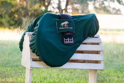 Hunter Green and Tan Custom Logo Embroidery Monogram All Purpose Saddle Cover with Girth Pocket Holder