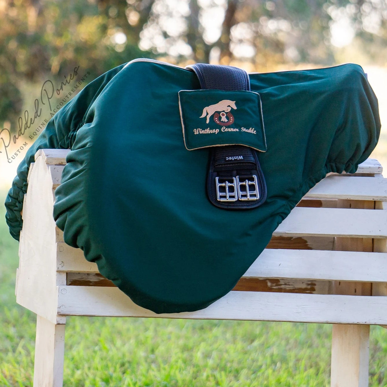 Hunter Green and Tan Custom Logo Embroidery Monogram All Purpose Saddle Cover with Girth Pocket Holder