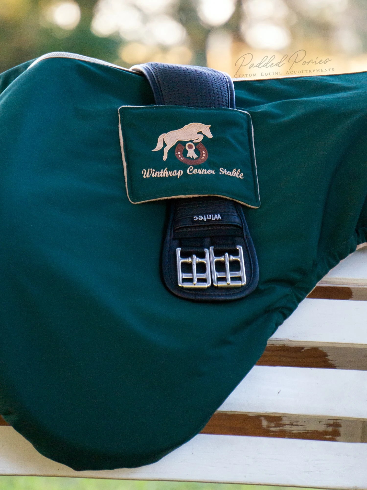 Hunter Green and Tan Custom Logo Embroidery Monogram All Purpose Saddle Cover with Girth Pocket Holder