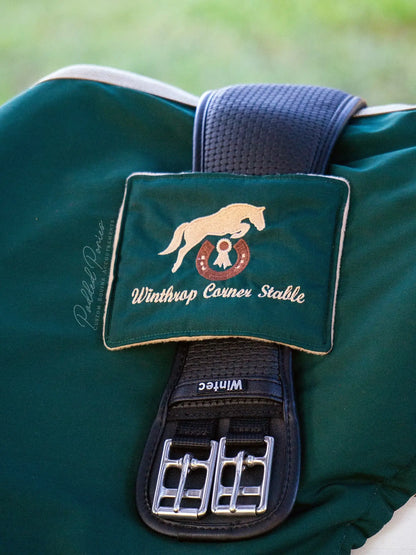 Hunter Green and Tan Custom Logo Embroidery Monogram All Purpose Saddle Cover with Girth Pocket Holder