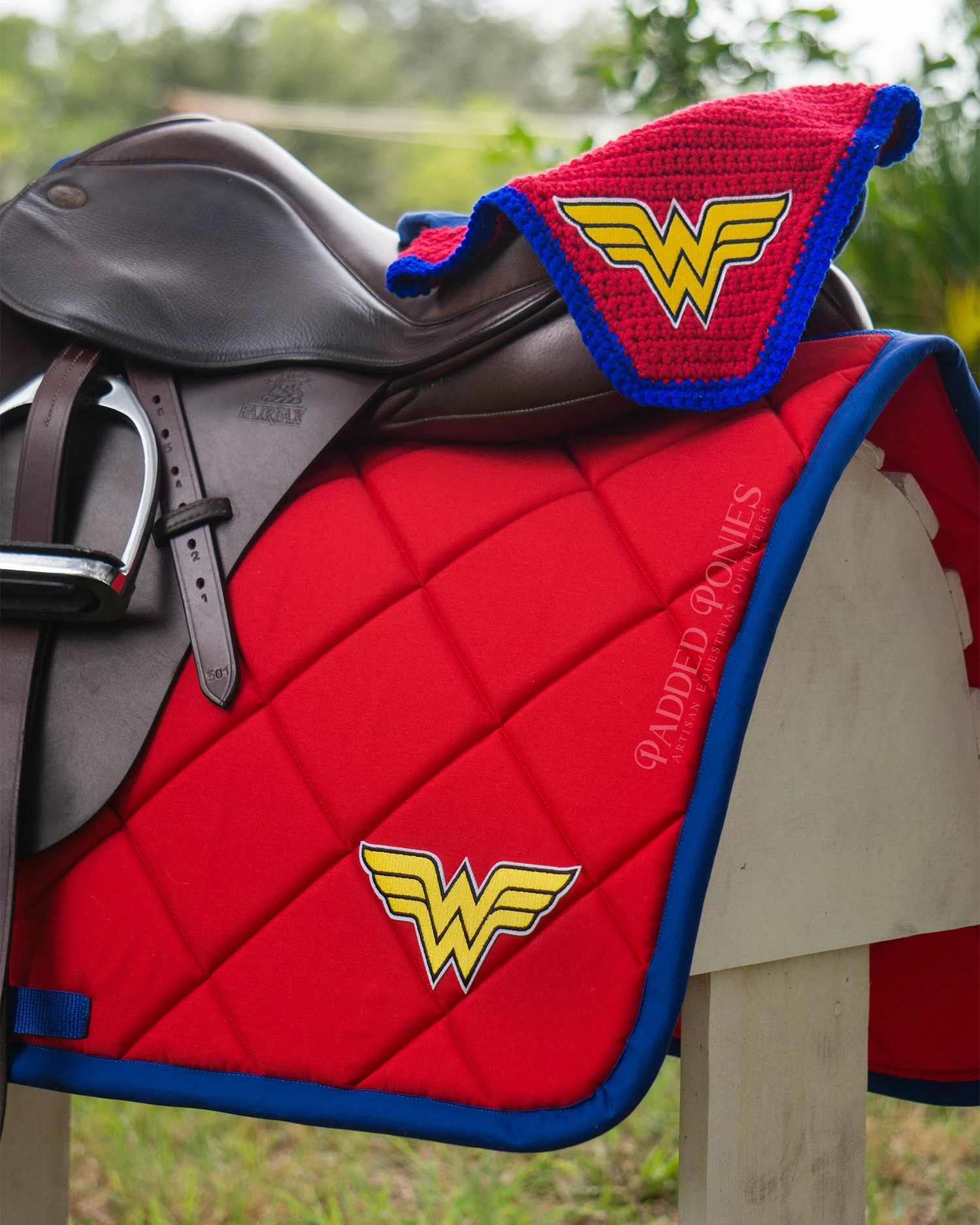Wonder Woman DC Comics Patch Red and Royal Blue Jump Saddle Pad with Matching Fly Veil Bonnet