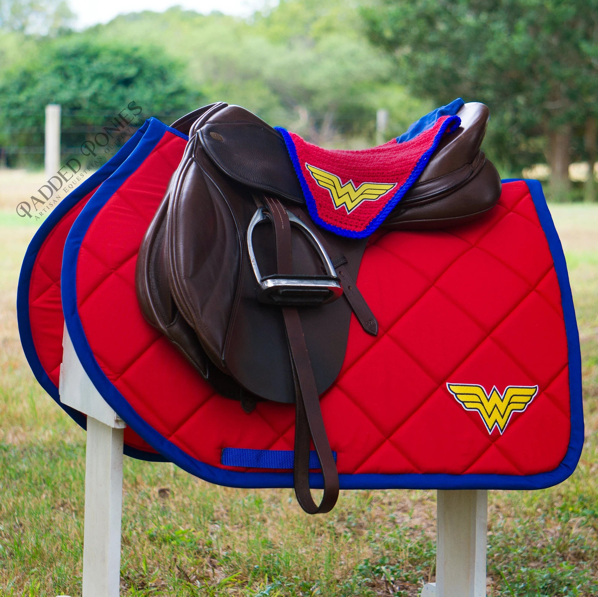 Wonder Woman DC Comics Patch Red and Royal Blue Jump Saddle Pad with Matching Fly Veil Bonnet