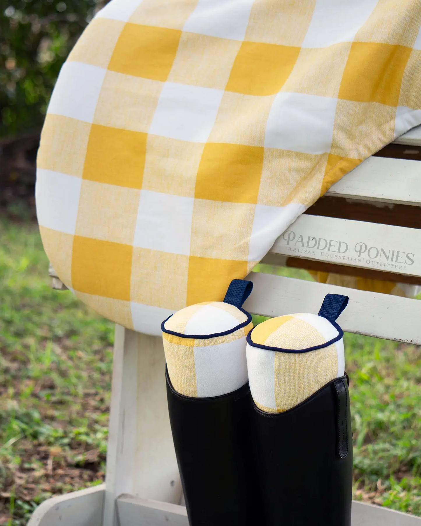 Yellow and Navy Blue Buffalo Plaid Dressage Saddle Cover and Boot Trees