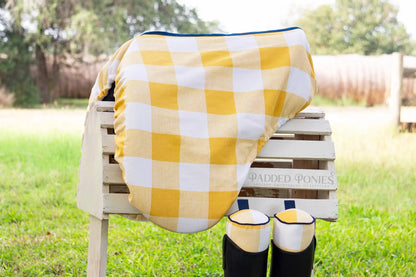 Yellow and Navy Blue Buffalo Plaid Dressage Saddle Cover and Boot Trees