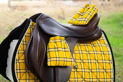 Yellow, Black, and White Plaid Flannel Stirrup Covers with Matching Saddle Pad
