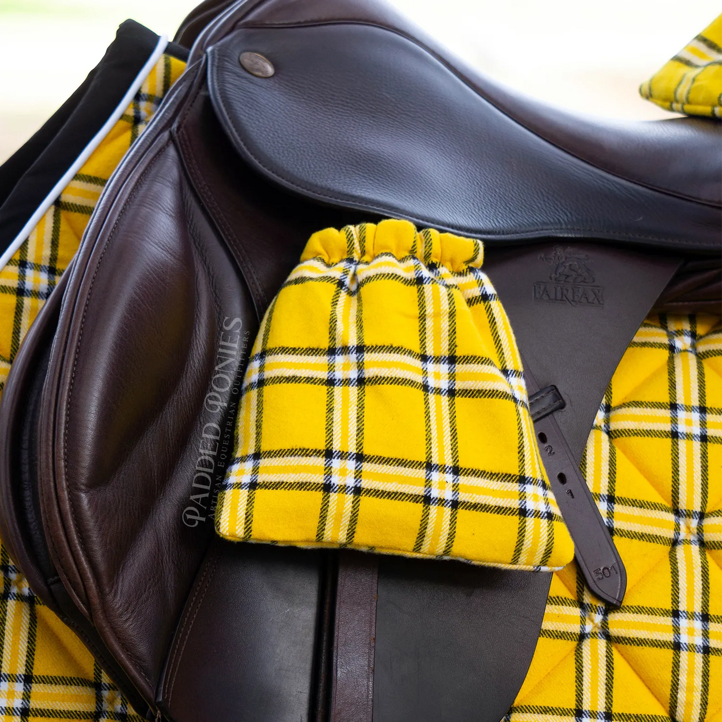 Yellow, Black, and White Plaid Flannel Stirrup Covers