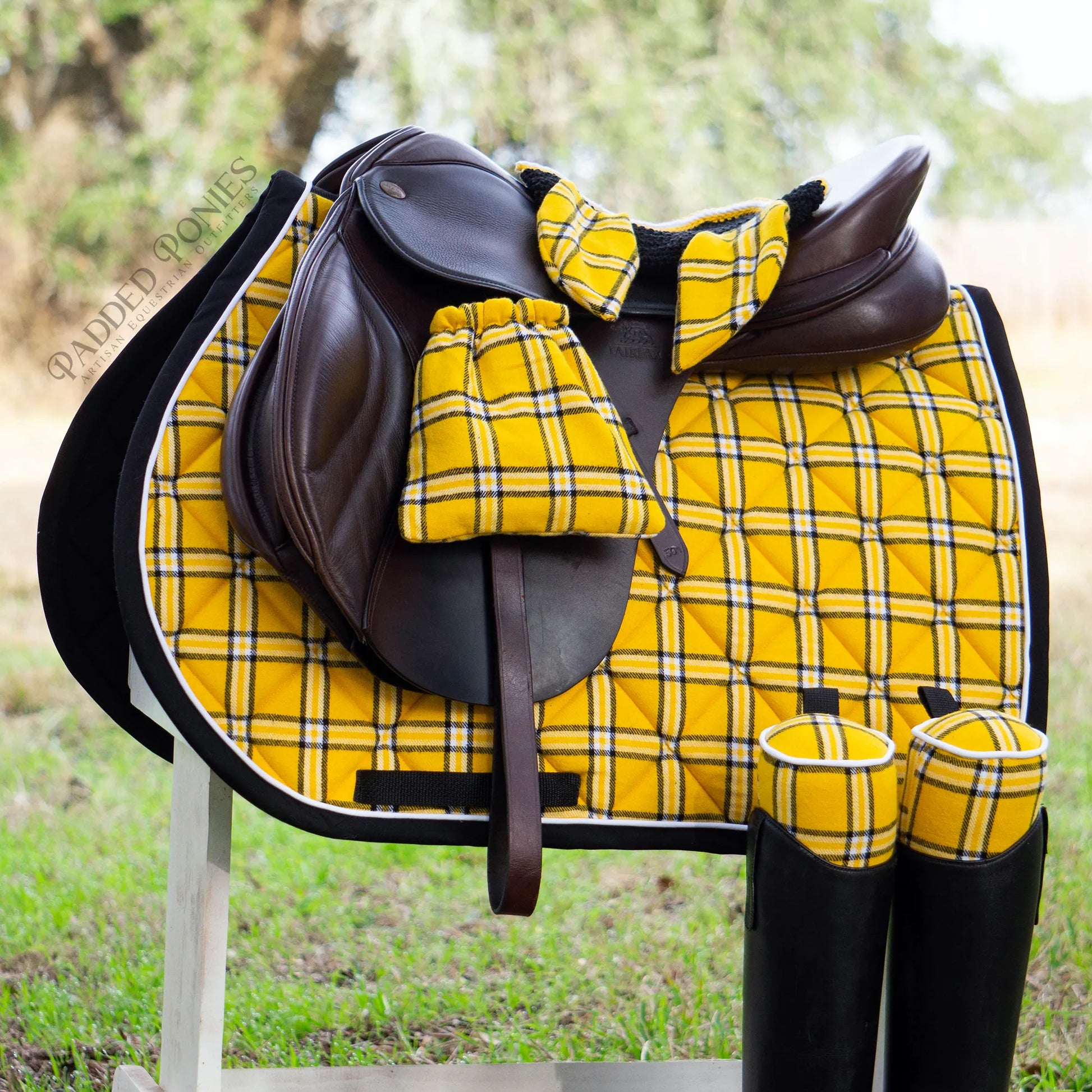 Yellow, Black, and White Plaid Flannel Saddle Pad Matching Set