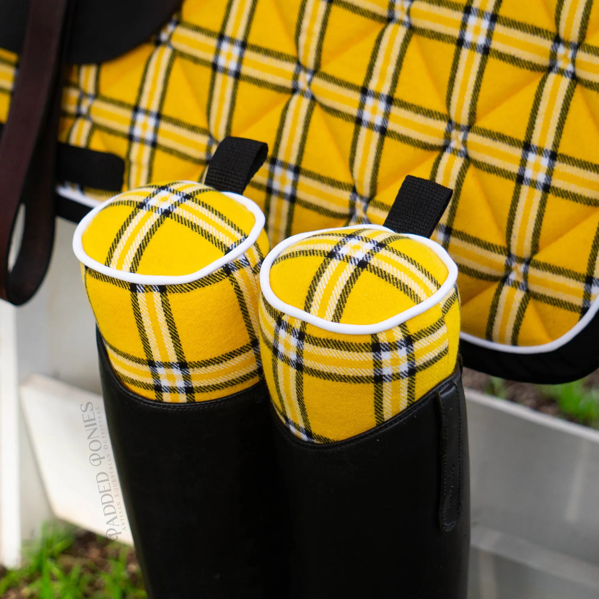 Yellow, Black, and White Plaid Flannel Boot Tree Stuffers With Matching Saddle Pad
