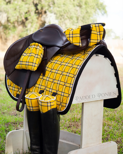 Yellow, Black, and White Plaid Flannel Saddle Pad Matching Set