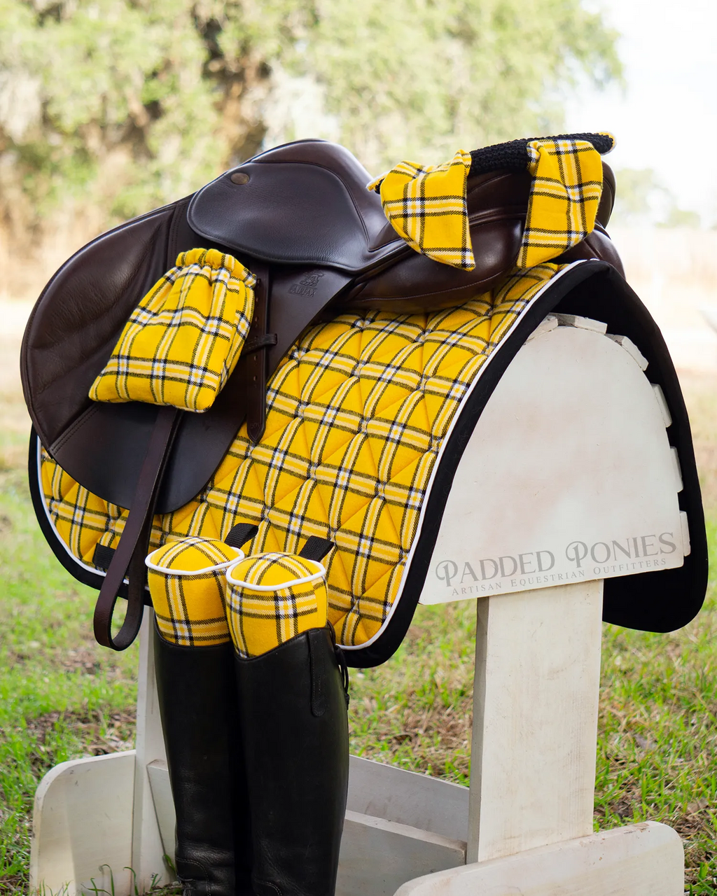 Yellow, Black, and White Plaid Flannel Saddle Pad Matching Set