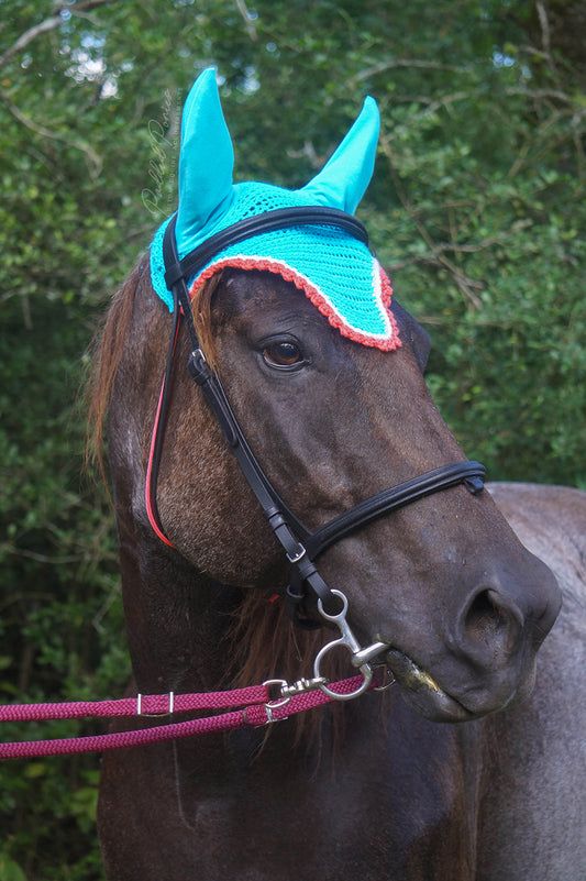 Aqua, White, and Coral Fly Bonnet Horse Size