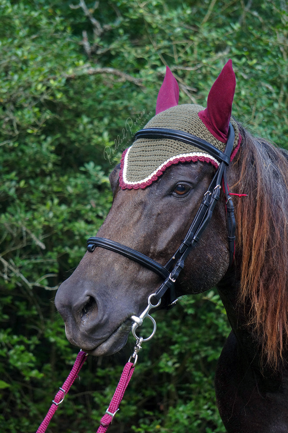 Army Green, White, and Burgundy Fly Bonnet Horse Size