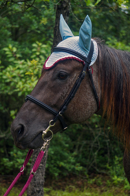 Baby Blue, White, and Burgundy Fly Bonnet Horse Size