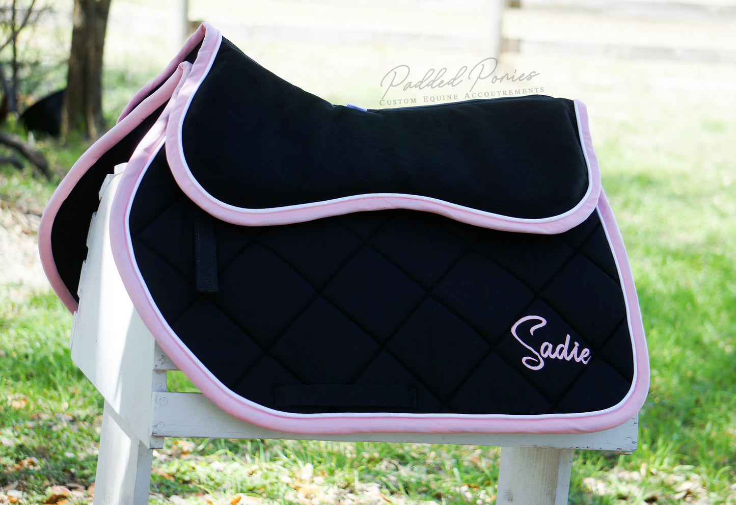 Black and Baby Pink Suede Comfort Memory Foam Jump Half Pad with Matching Pony Size Monogrammed Saddle Pad