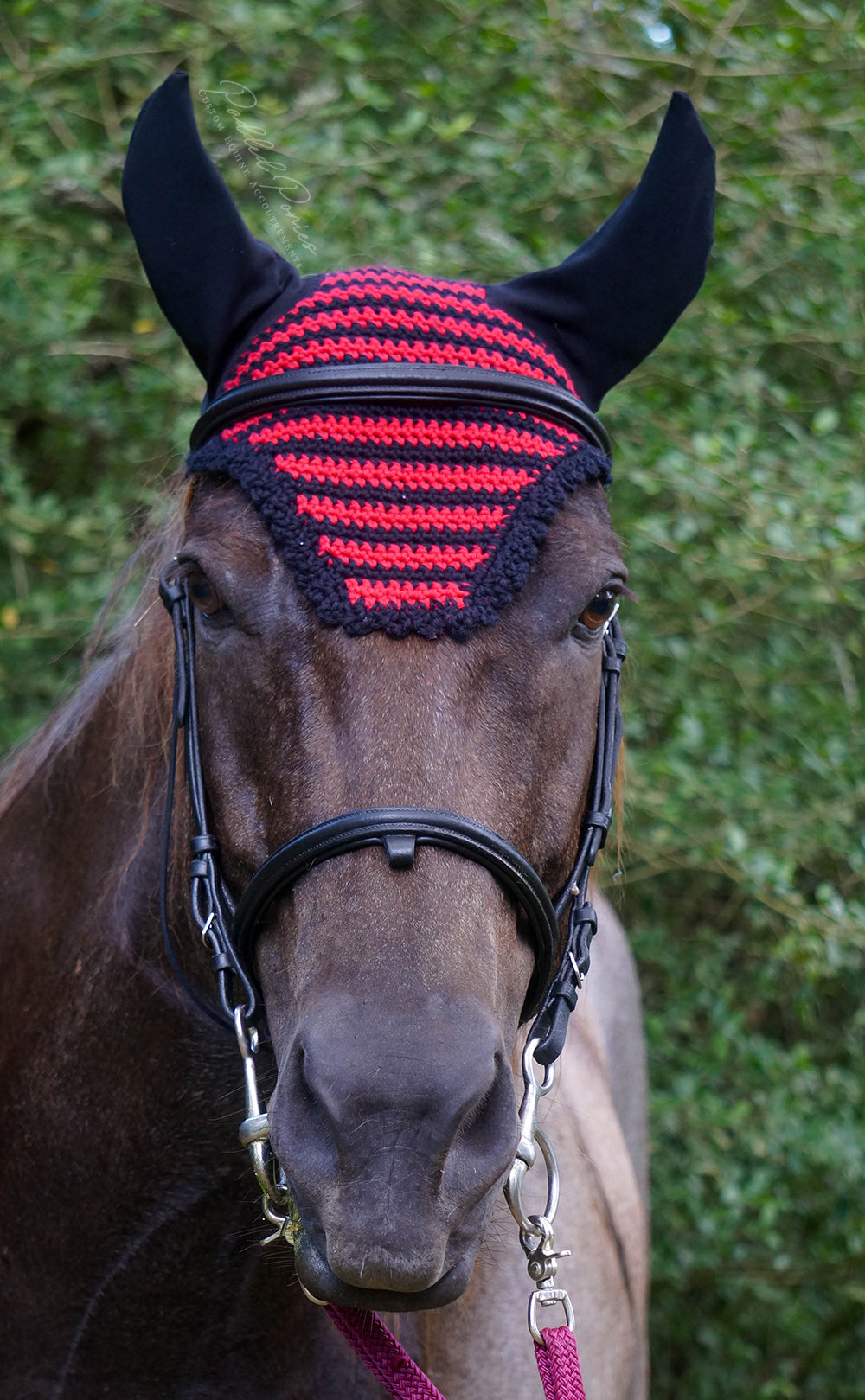 Bonnet anti-mouches à rayures noires et rouges prêt à expédier Taille du cheval
