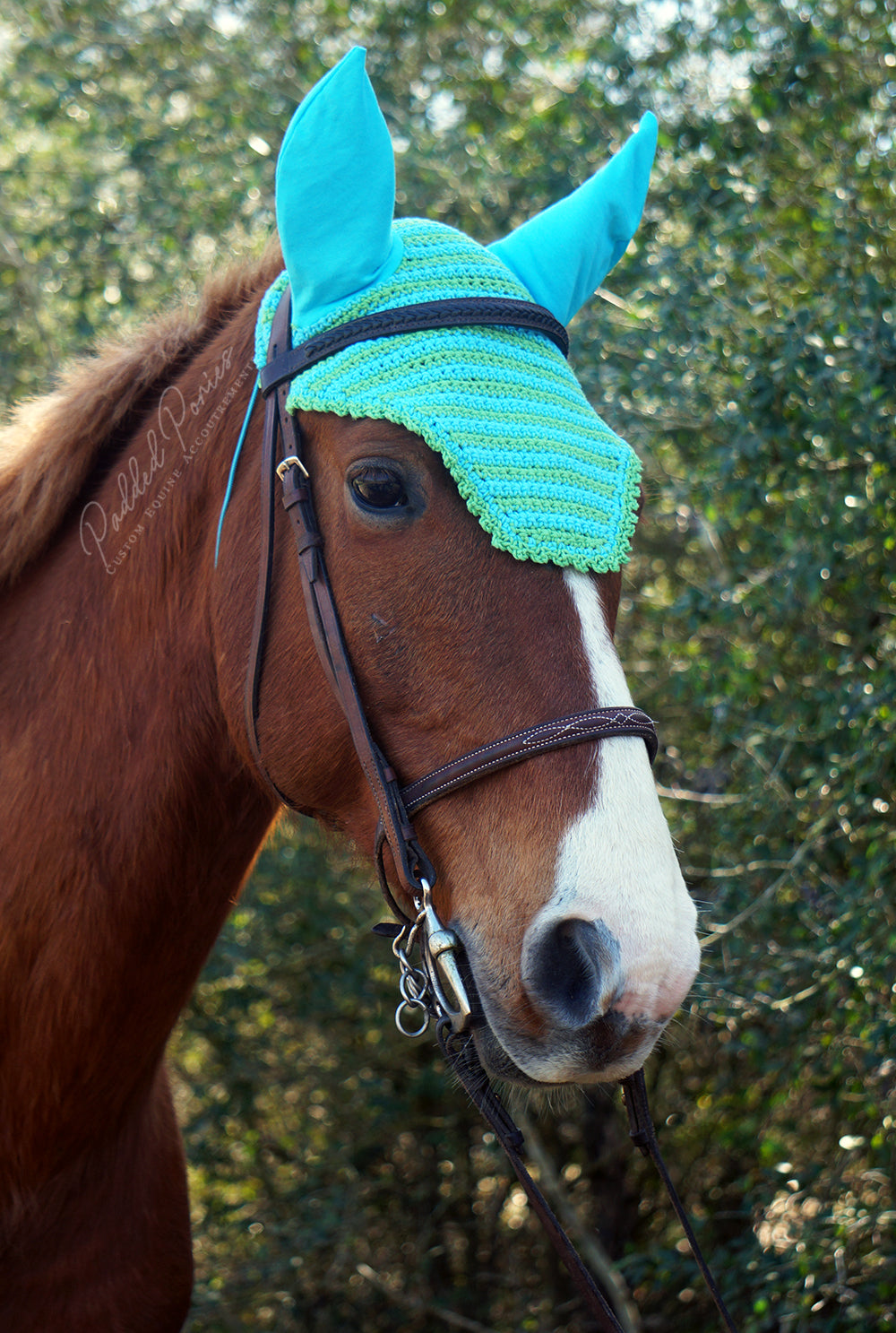 Ready to Ship Green and Aqua Mini Stripe Crochet Ear Fly Bonnet Horse Size