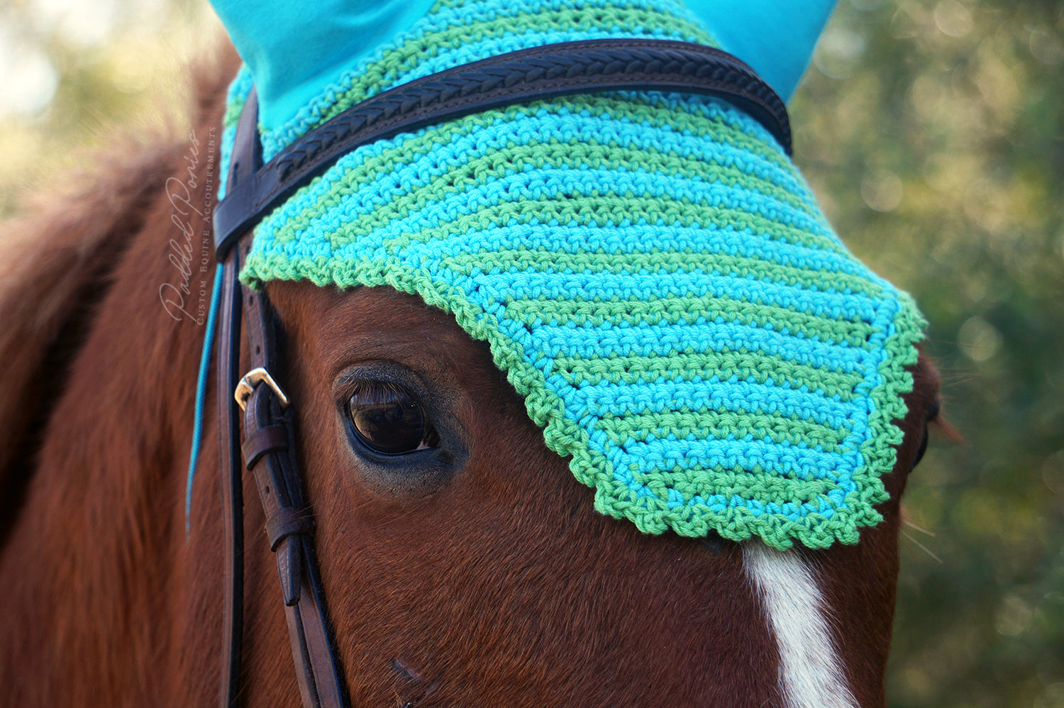 Ready to Ship Green and Aqua Mini Stripe Crochet Ear Fly Bonnet Horse Size