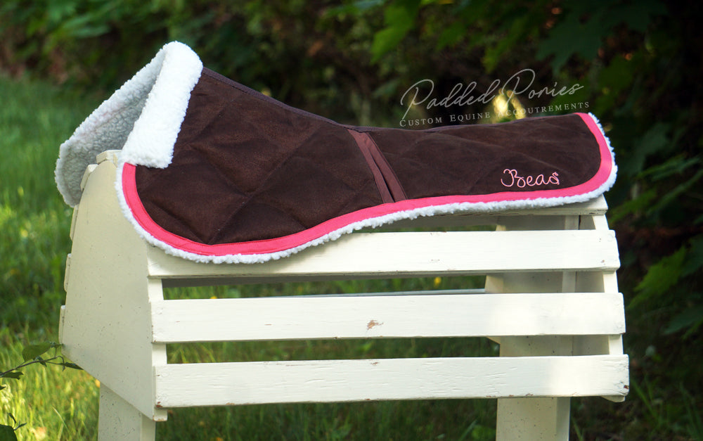 Brown and Pink Suede Faux Sheepskin Fleece Shimmable Half Pad with Monogram Embroidery