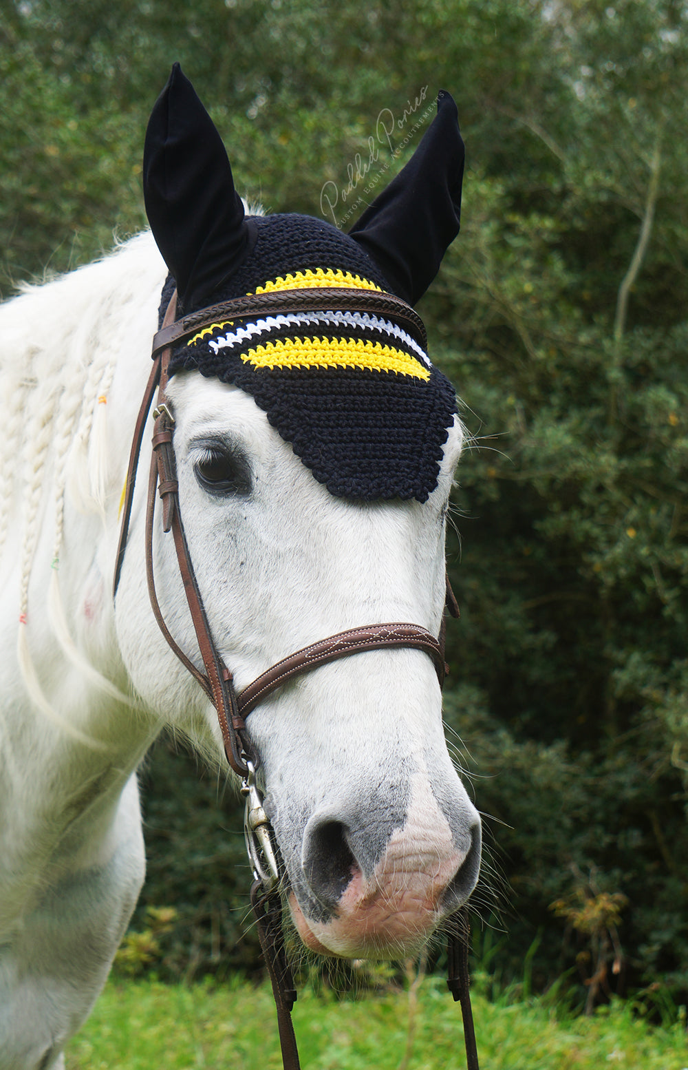 Ready to Ship Black, White, and Yellow Stripe Crochet Ear Fly Bonnet Horse Size