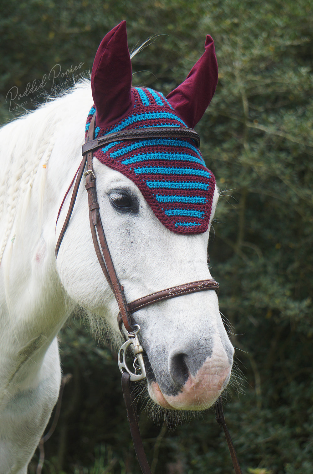 Ready to Ship Burgundy and Bright Blue Stripe Crochet Ear Fly Bonnet Horse Size