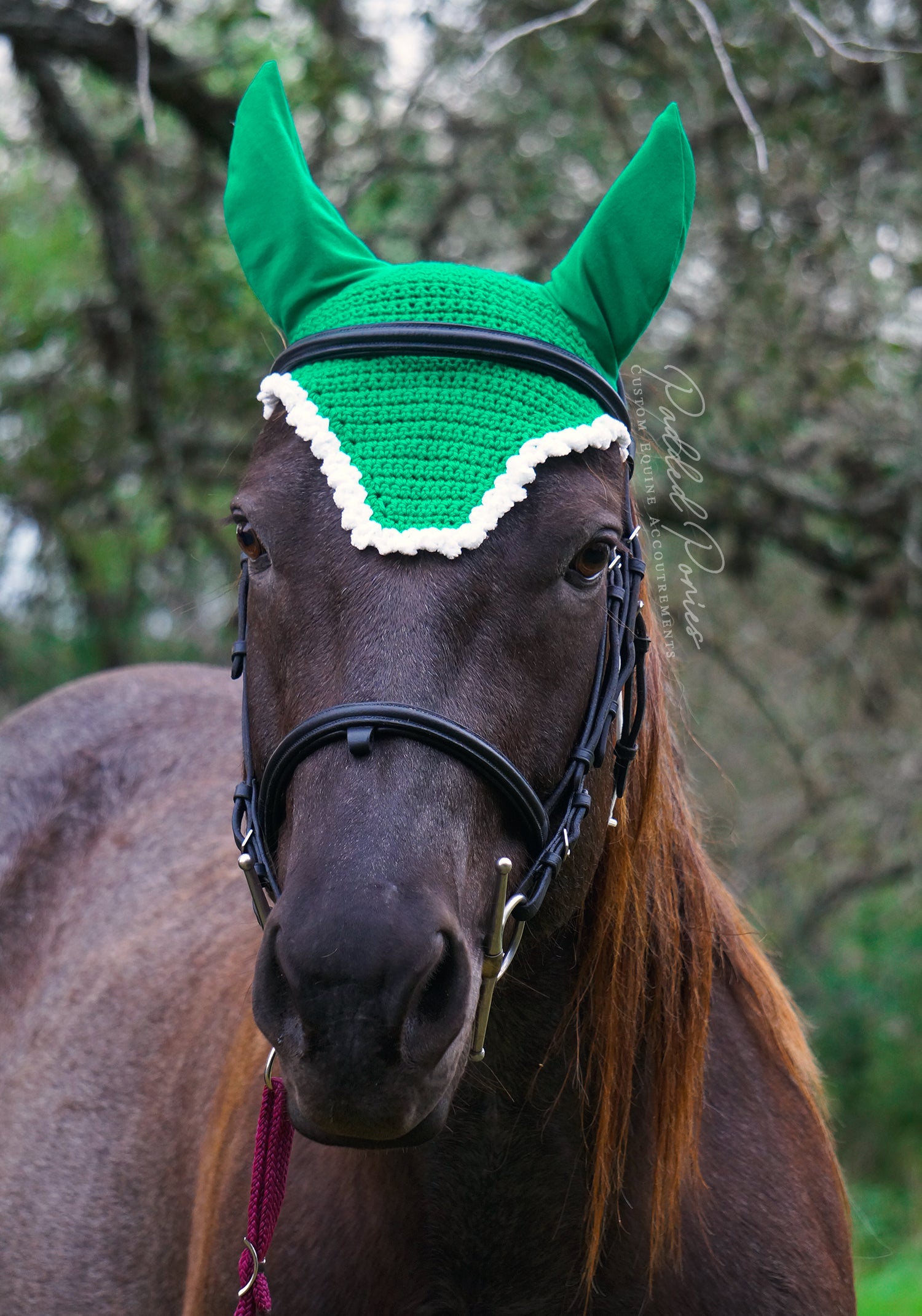 Green and White Christmas Crochet Ear Fly Bonnet Horse Size