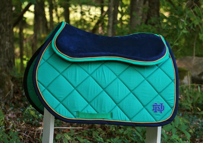 Navy Blue and Emerald Green Suede Comfort Memory Foam Jump Half Pad with Matching Notre Dame Patch Saddle Pad